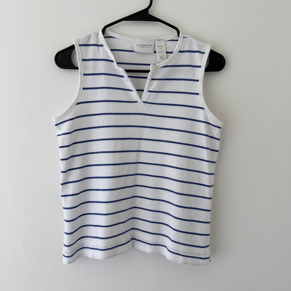 Liz Claiborne Wide Striped Tank Top S Petite Cotton Blue White Preppy Coastal